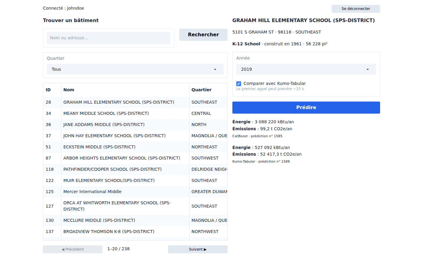 Interface Gradio : pour l'école Graham Hill, CatBoost prédit 99,2 t CO2e par an et Kumo-Tabular 52 417,3 t CO2e par an.